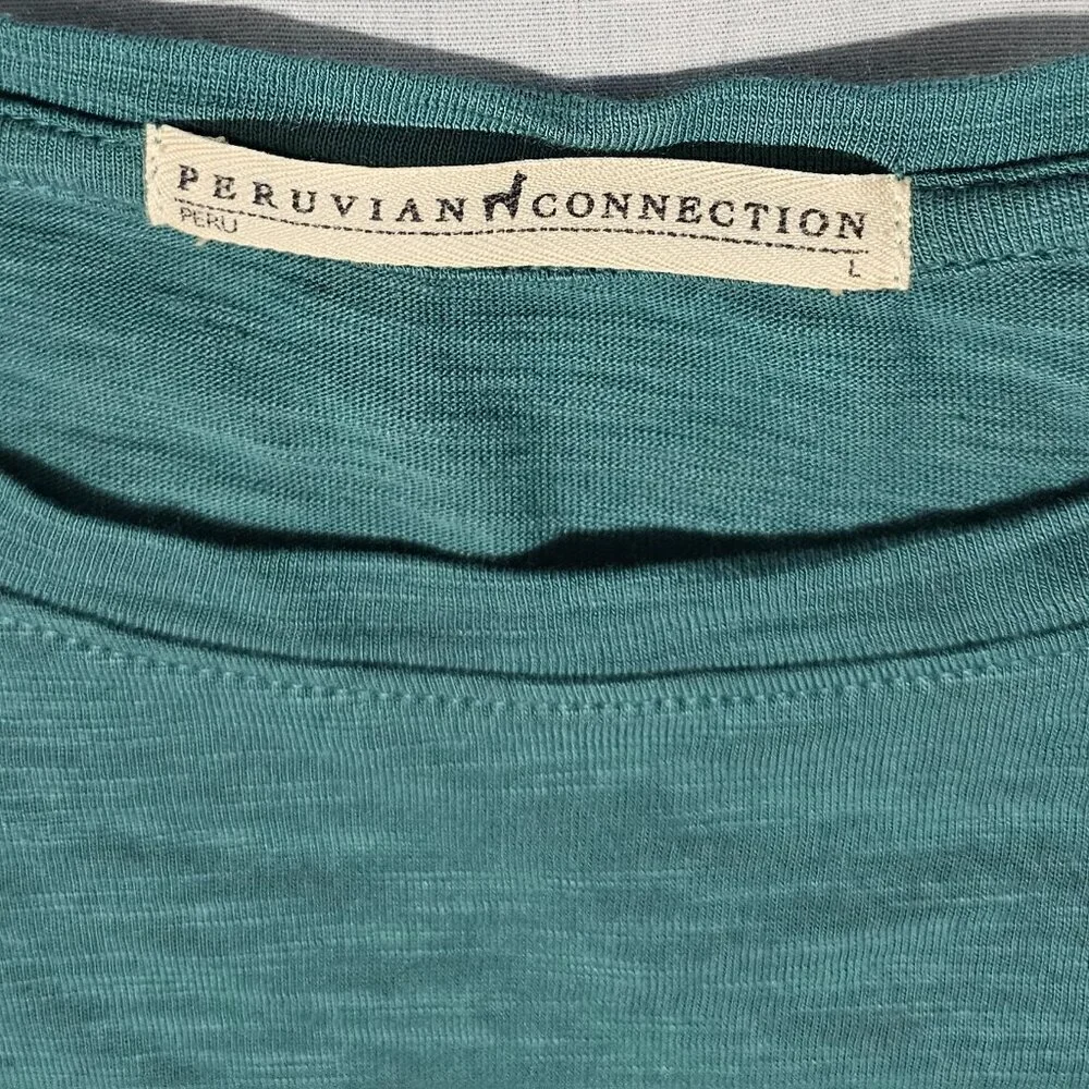 Peruvian Connection Women Short Tunic Dress Size L Teal Scoop Neck Puff Sleeve